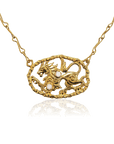 Gold necklace with a lion pendant on a white background