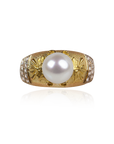 Marilisi artisan fine jewelry White Pearl Yellow Gold Ring with grapevine design for distinguished collectors and jewelry connoisseurs
