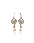 Pair of pearl earrings with gold hooks on a white background