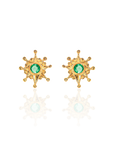 Gold sun-shaped earrings with green gemstones on a white background