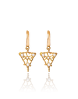 Pair of gold earrings with pearl accents on a white background