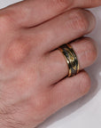 Hand wearing a gold ring on a light background