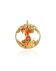 Gold pendant with red and green accents on a white background