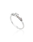 White gold diamond ring featuring a central brilliant-cut diamond accented with smaller diamonds in a delicate floral-inspired setting.