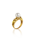 Gold ring with a pearl on a white background