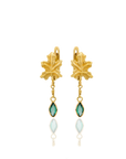 Gold leaf earrings with green and white gemstones on a white background