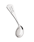 Silver spoon with engraved text on a white background
