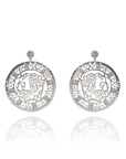 Pair of silver earrings with intricate designs on a white background