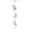 Butterfly-shaped necklace with blue gemstones on a white background