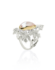 Silver ring with a pink gemstone on a white background