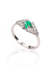 Marilisi artisan fine jewelry White gold diamonds green emerald symmetrical art deco ring above