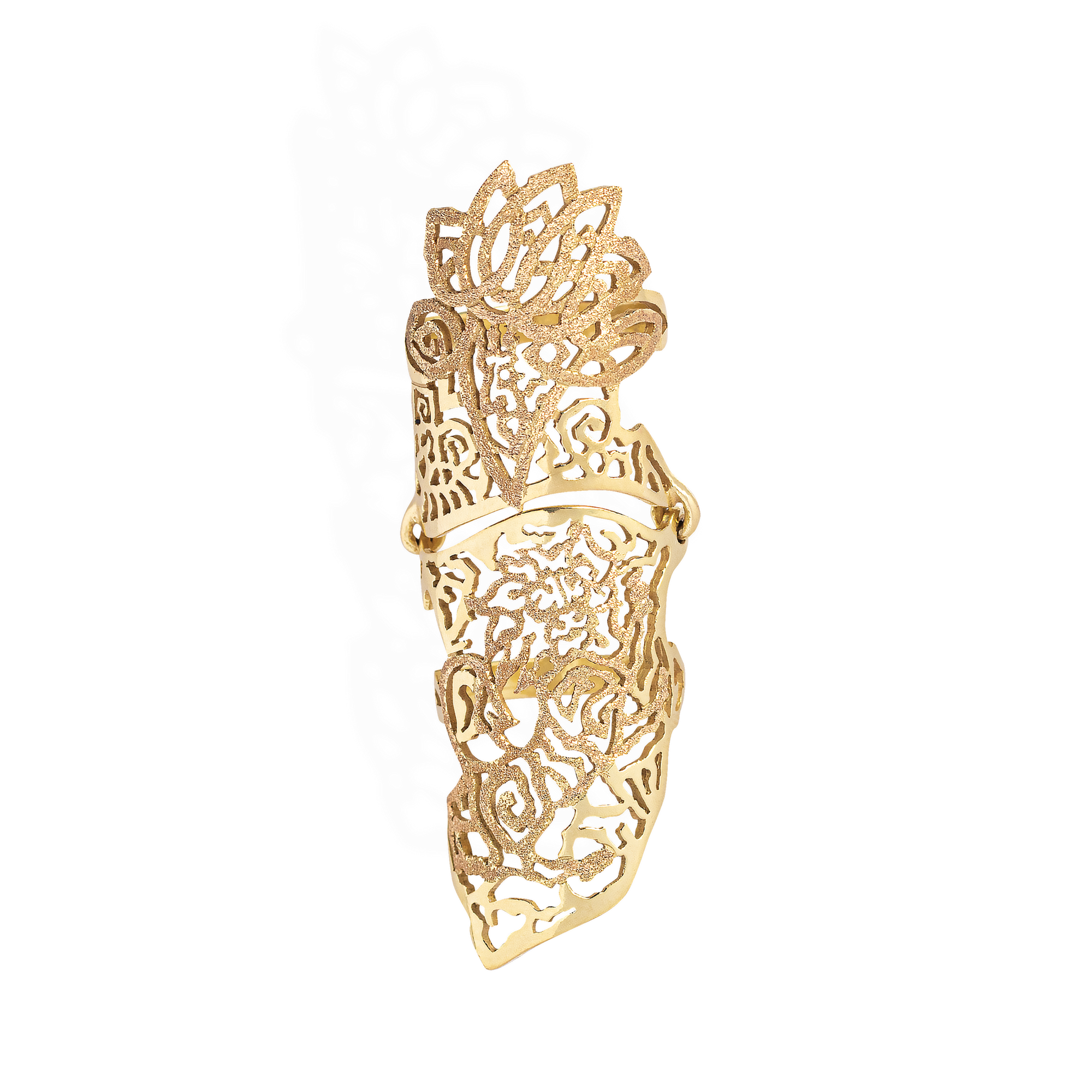 Marilisi artisan fine jewelry Yellow Gold armor ring depicting atztec ruler and lion above
