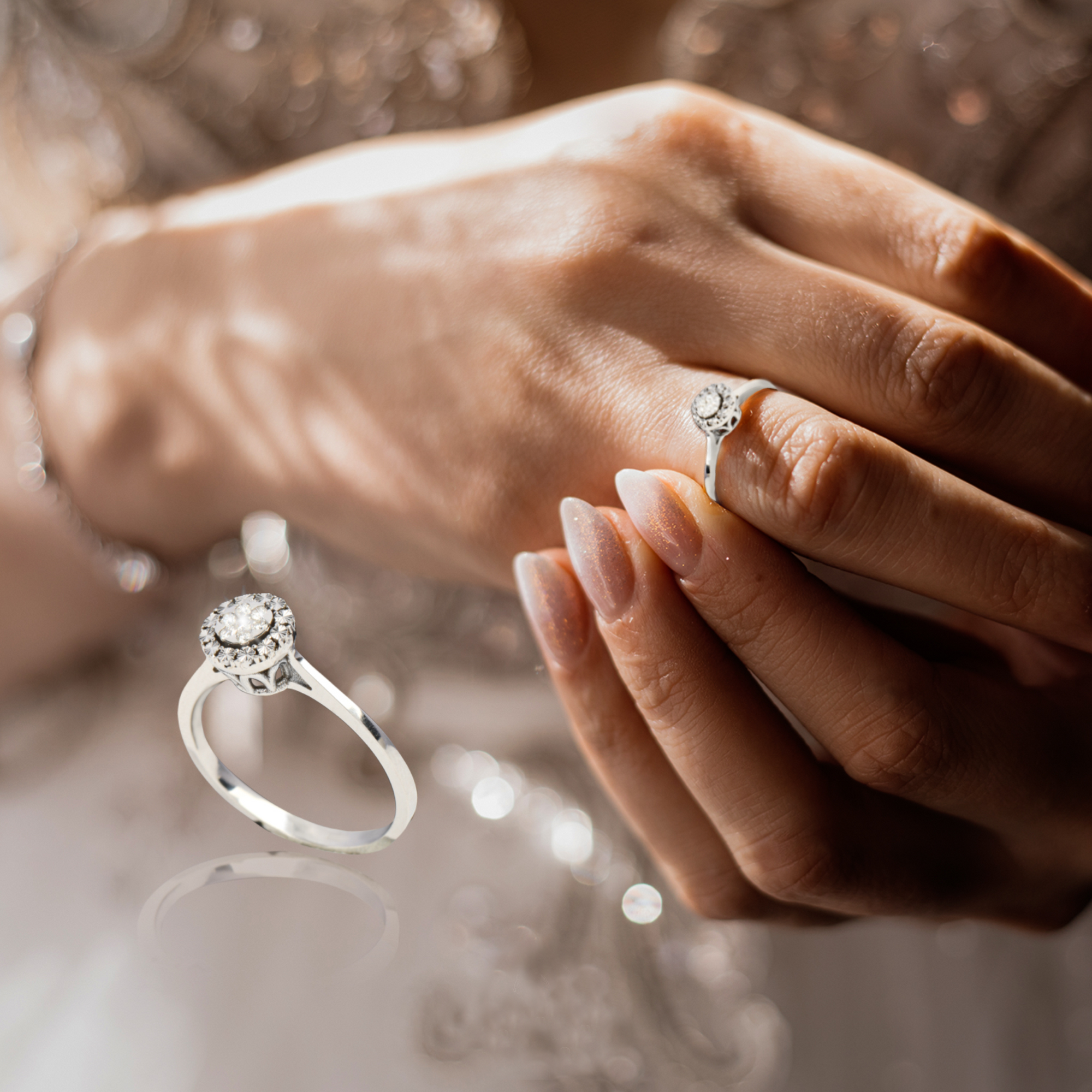 Close-up of a hand wearing engagement ring with a diamond on a blurred background