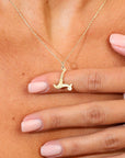 Gold necklace with L  pendant worn by a person