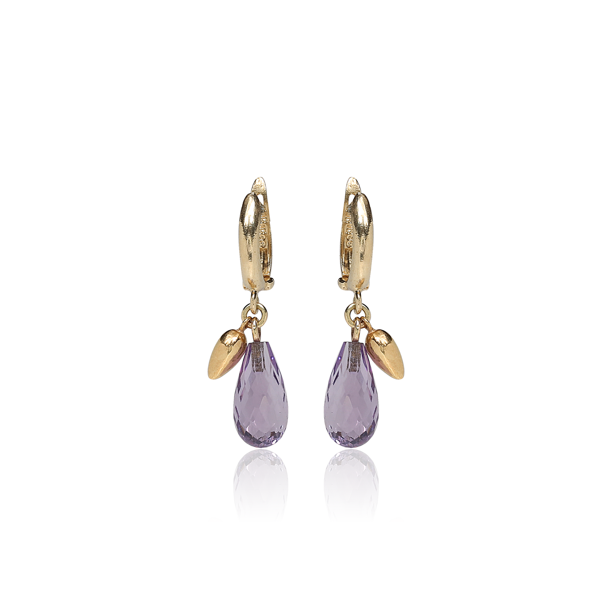 Gold earrings with purple teardrop-shaped gemstones on a white background