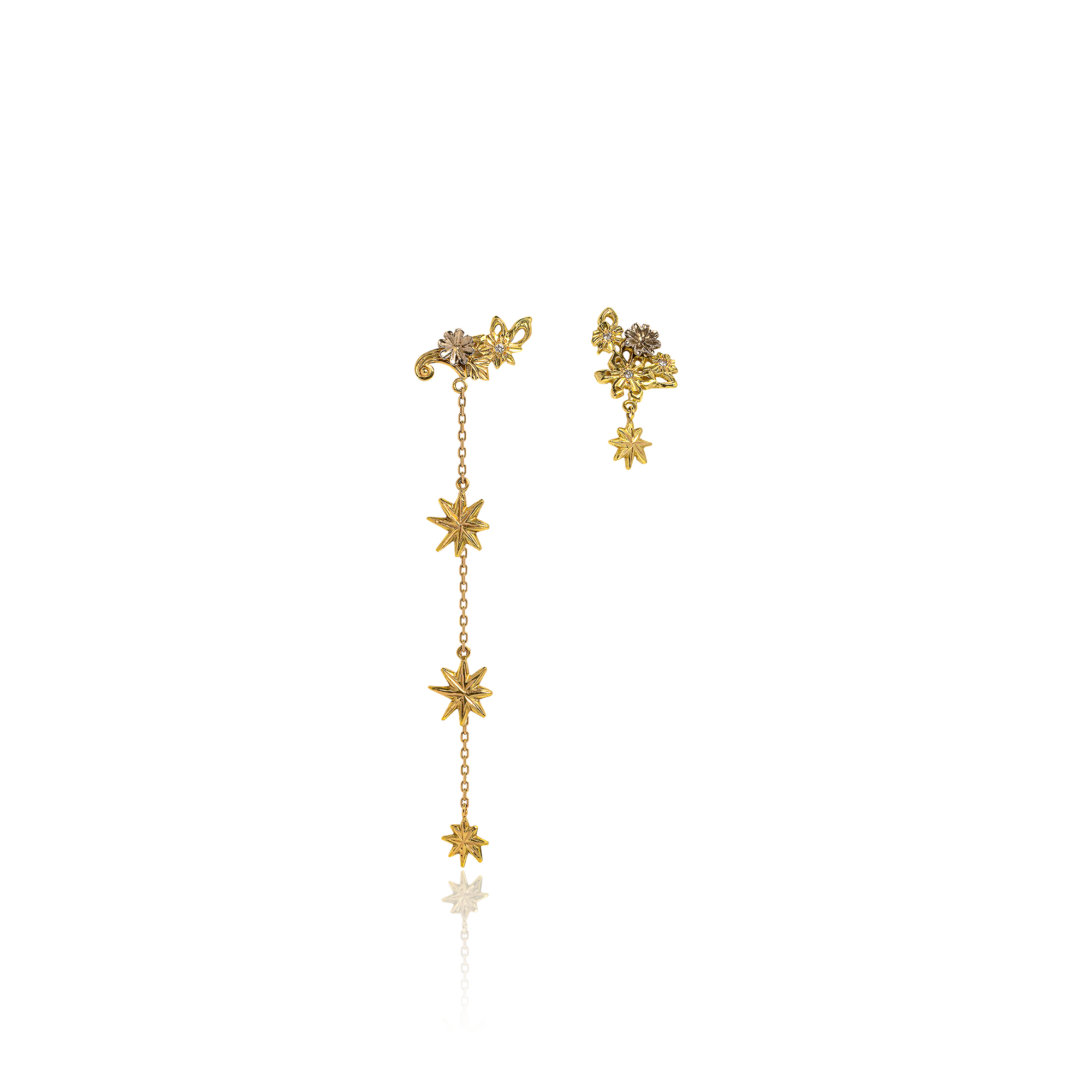 asymmetrical gold celestial earrings with cascading starburst motifs and diamond accents