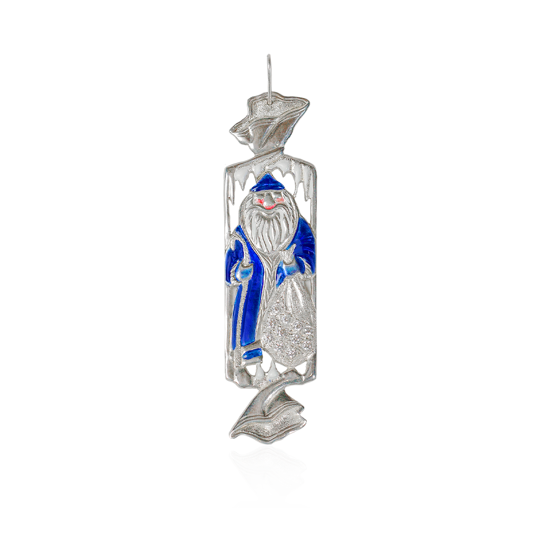 Decorative ornament with a blue and white figure on a white background