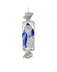Decorative ornament with a blue and white figure on a white background