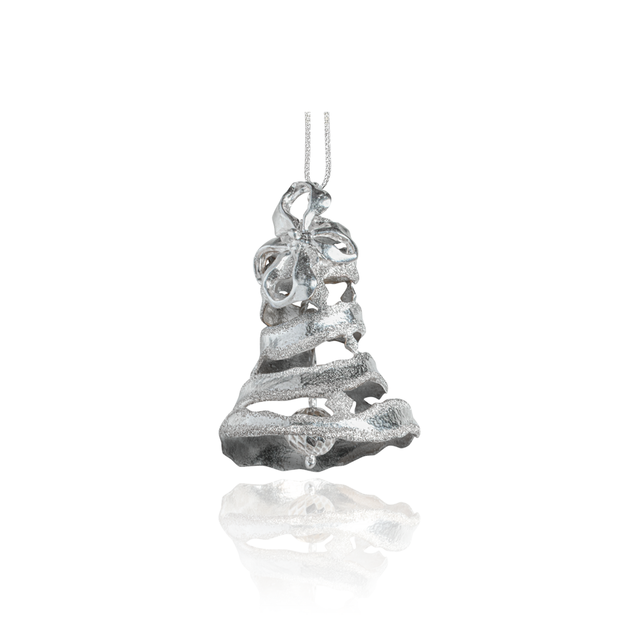Silver bell-shaped ornament on a white background