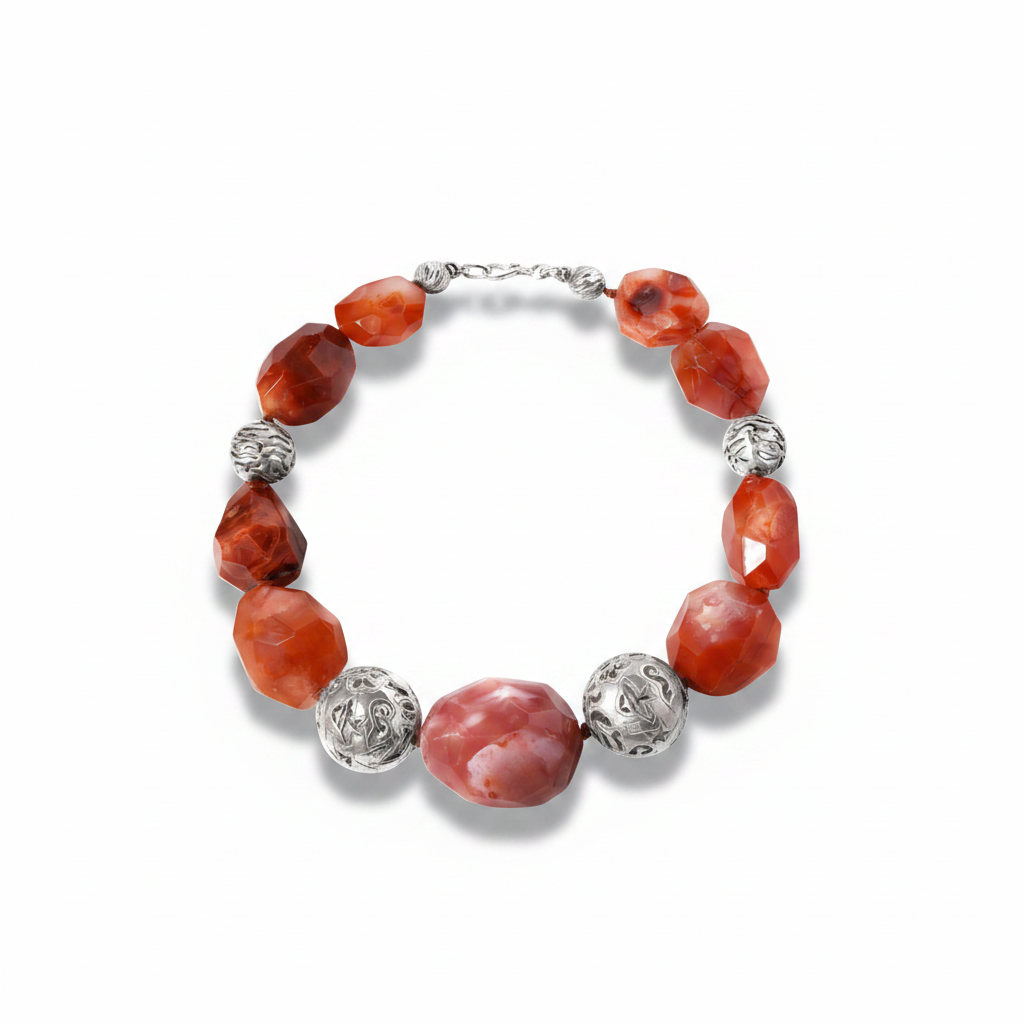 Necklace with red and silver beads on a white background