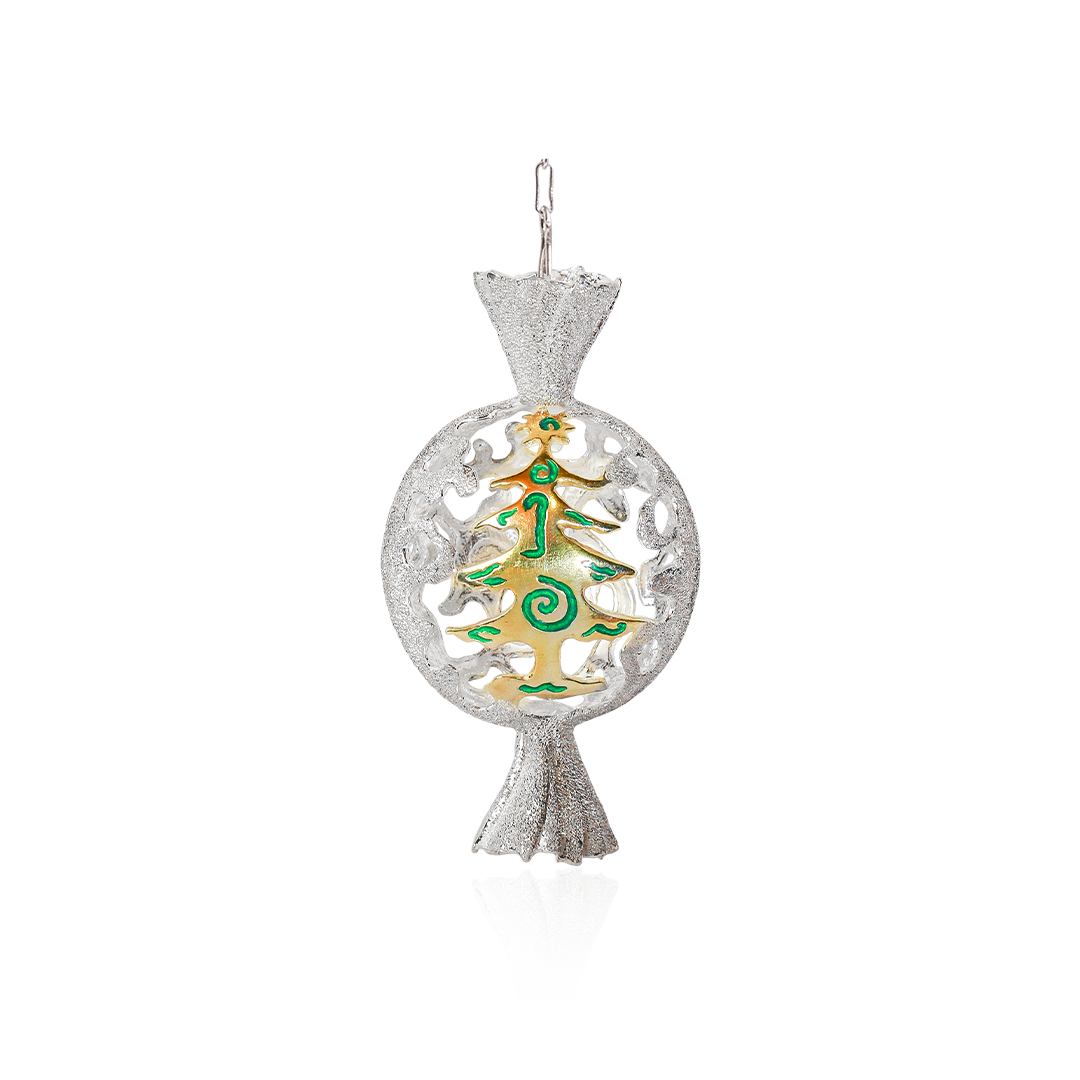 Sterling silver Christmas ornament shaped like a festive candy, featuring a gold-plated Christmas tree motif with green enamel accents.