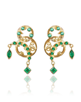Gold earrings with green gemstones on a white background