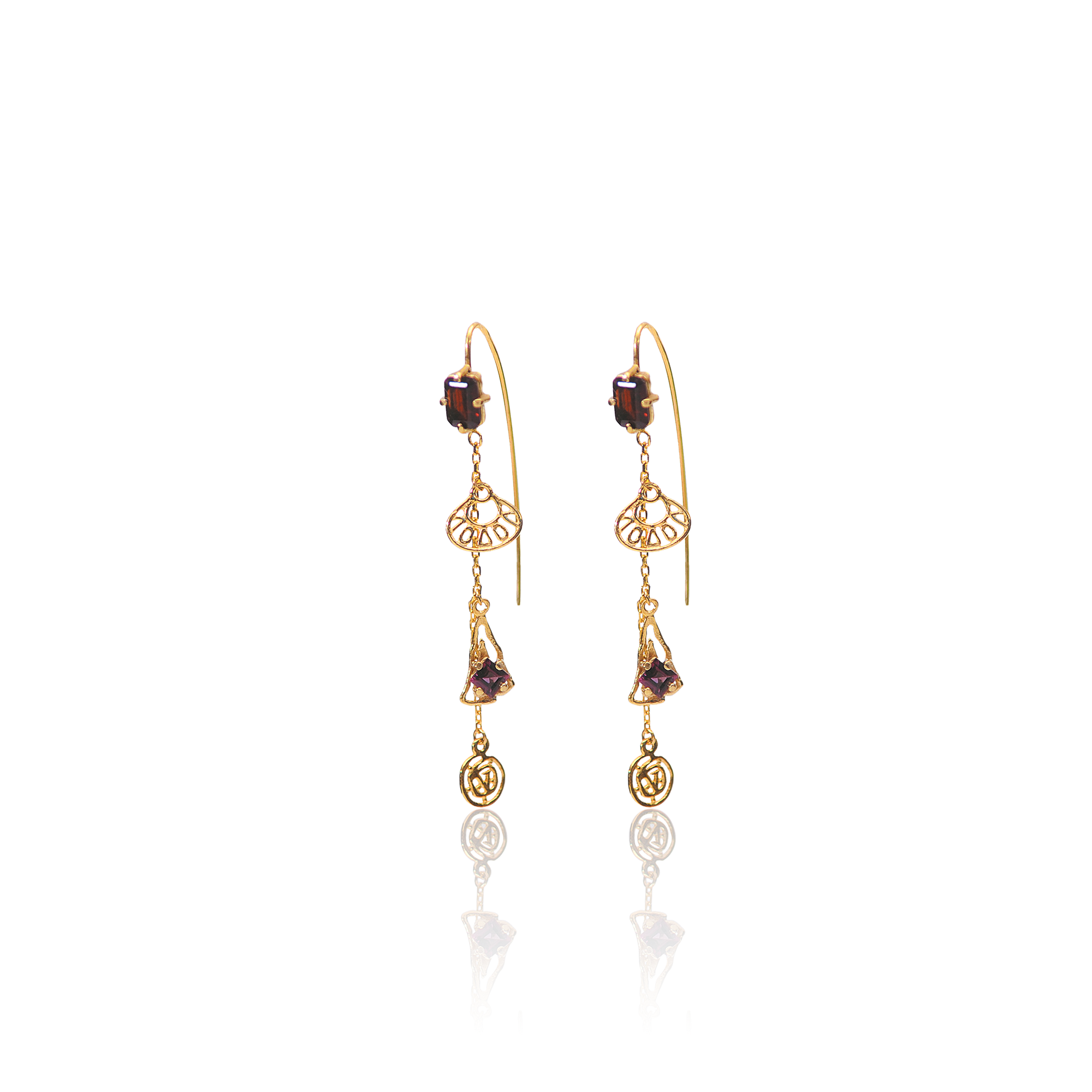 long gold talisman earrings with garnets and diamond accents by Marilisi