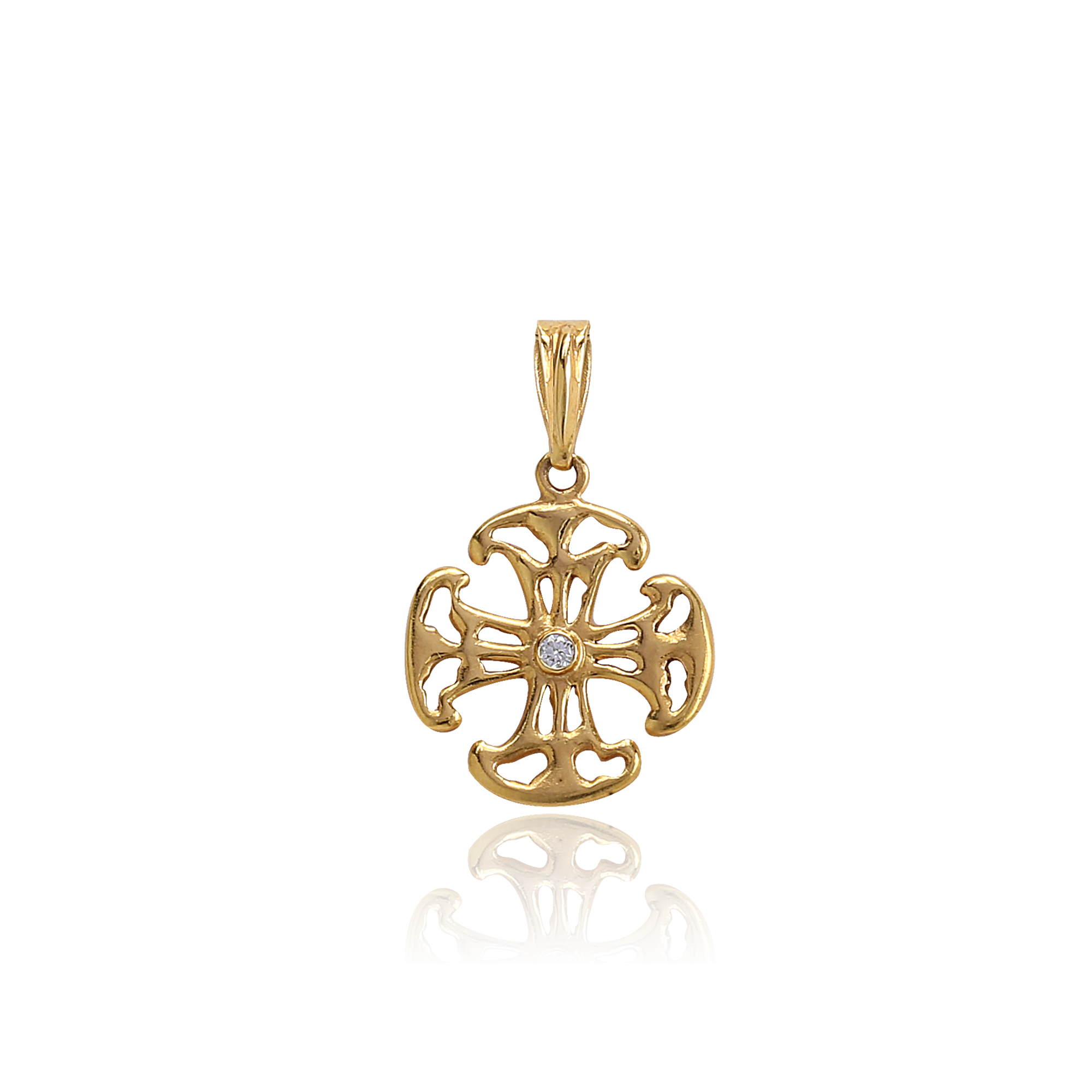 Gold cross pendant with a diamond on a white background