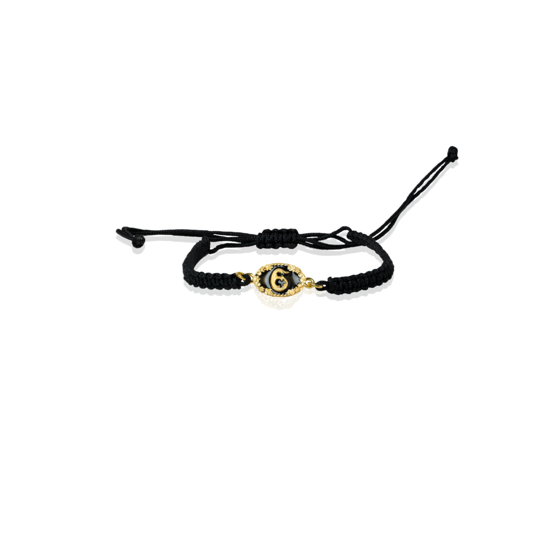black cord bracelet with gold georgian initial charm