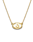 Gold necklace with a decorative pendant on a white background