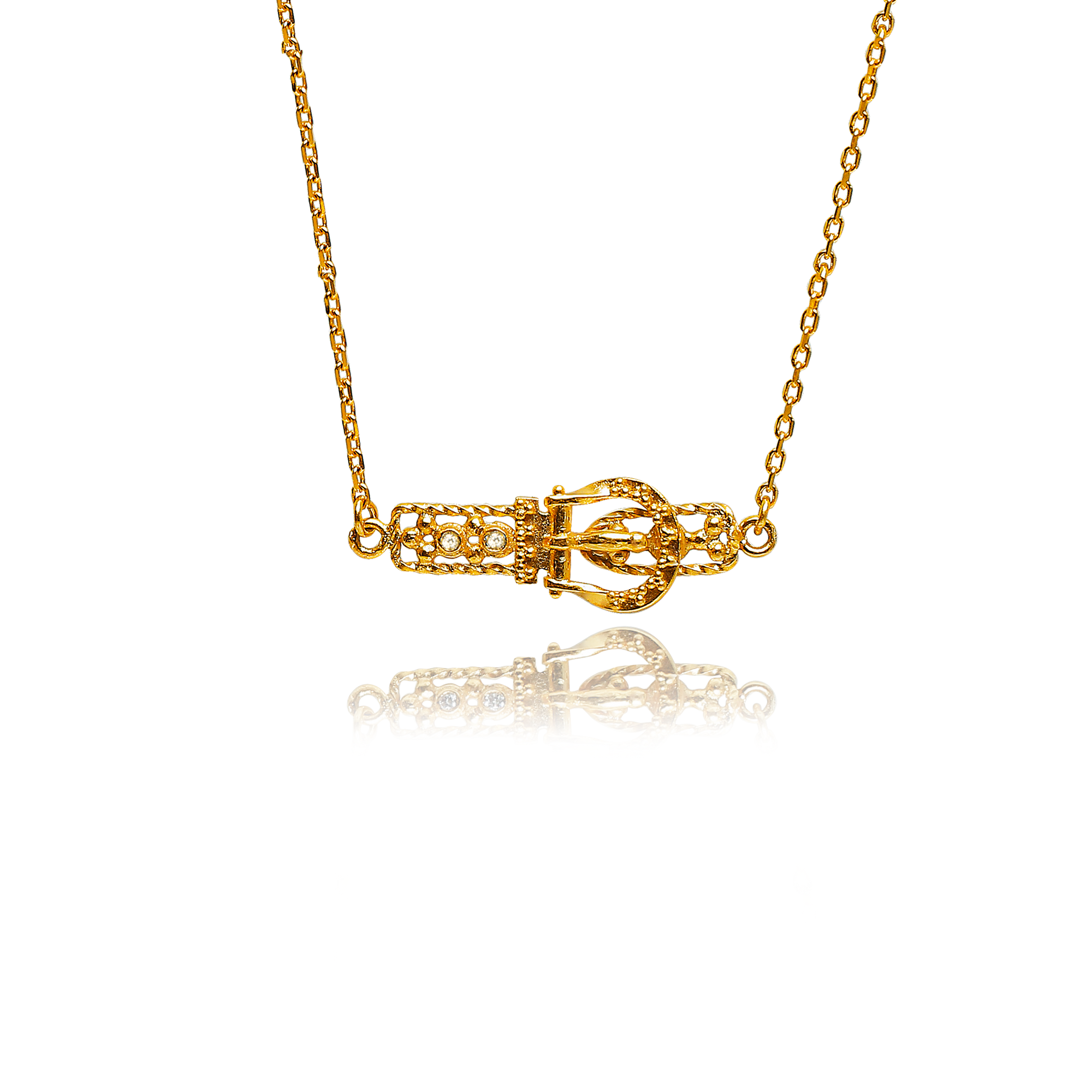 Gold necklace with a unique pendant on a white background