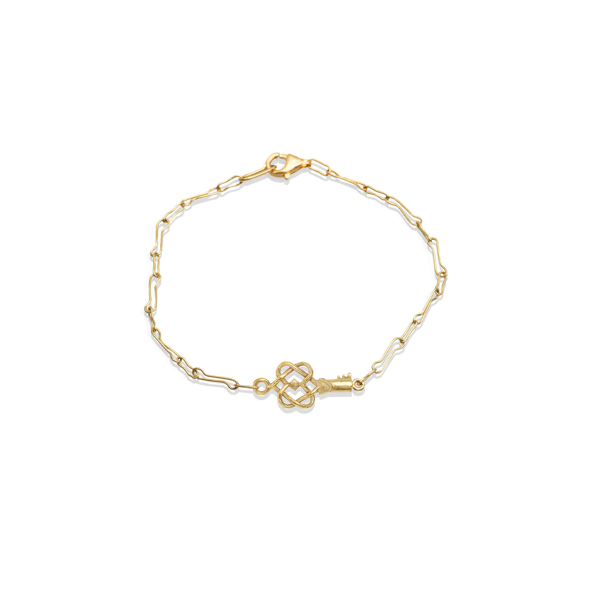 Gold bracelet with a unique clasp design on a white background