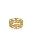 Gold ring with intricate design on a white background