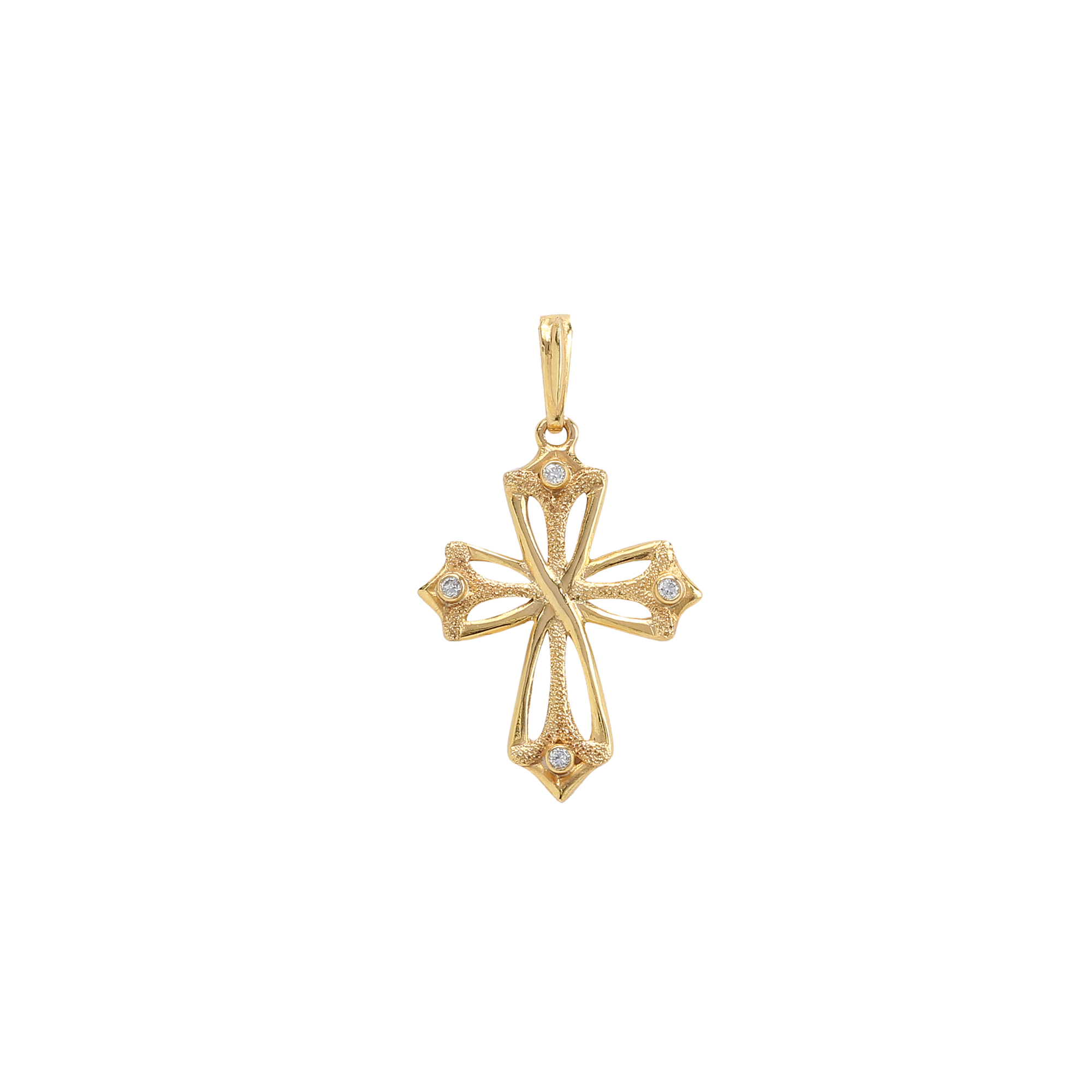 Gold cross pendant with embedded stones on a white background