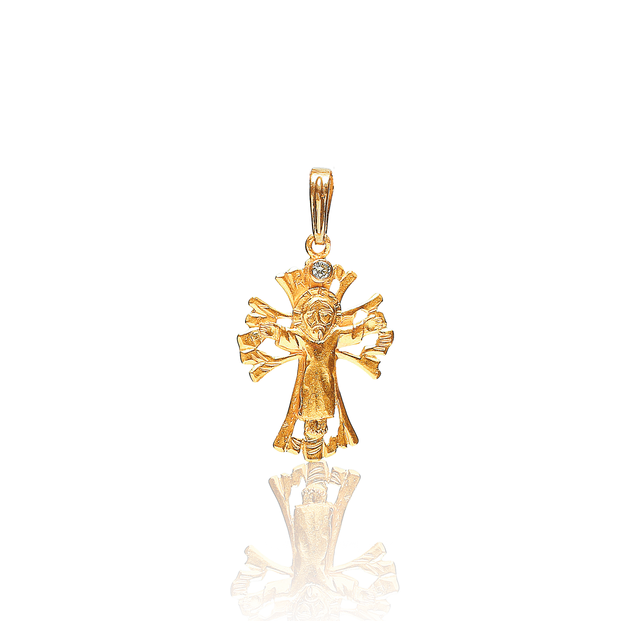 Gold cross with religious design on a white background