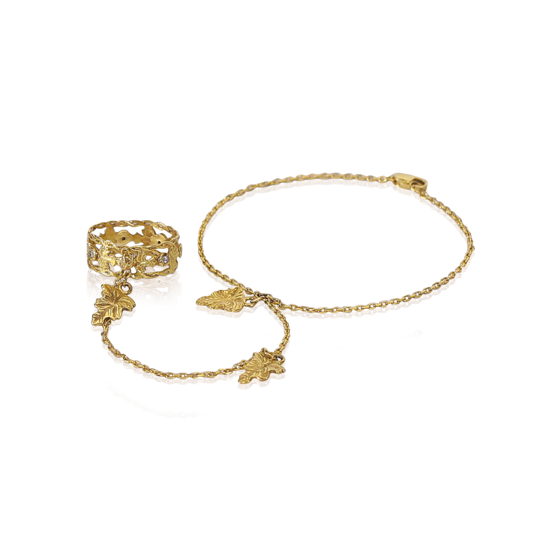 Gold bracelet and ring set on a white background