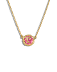 Gold necklace with a pink pendant on a white background