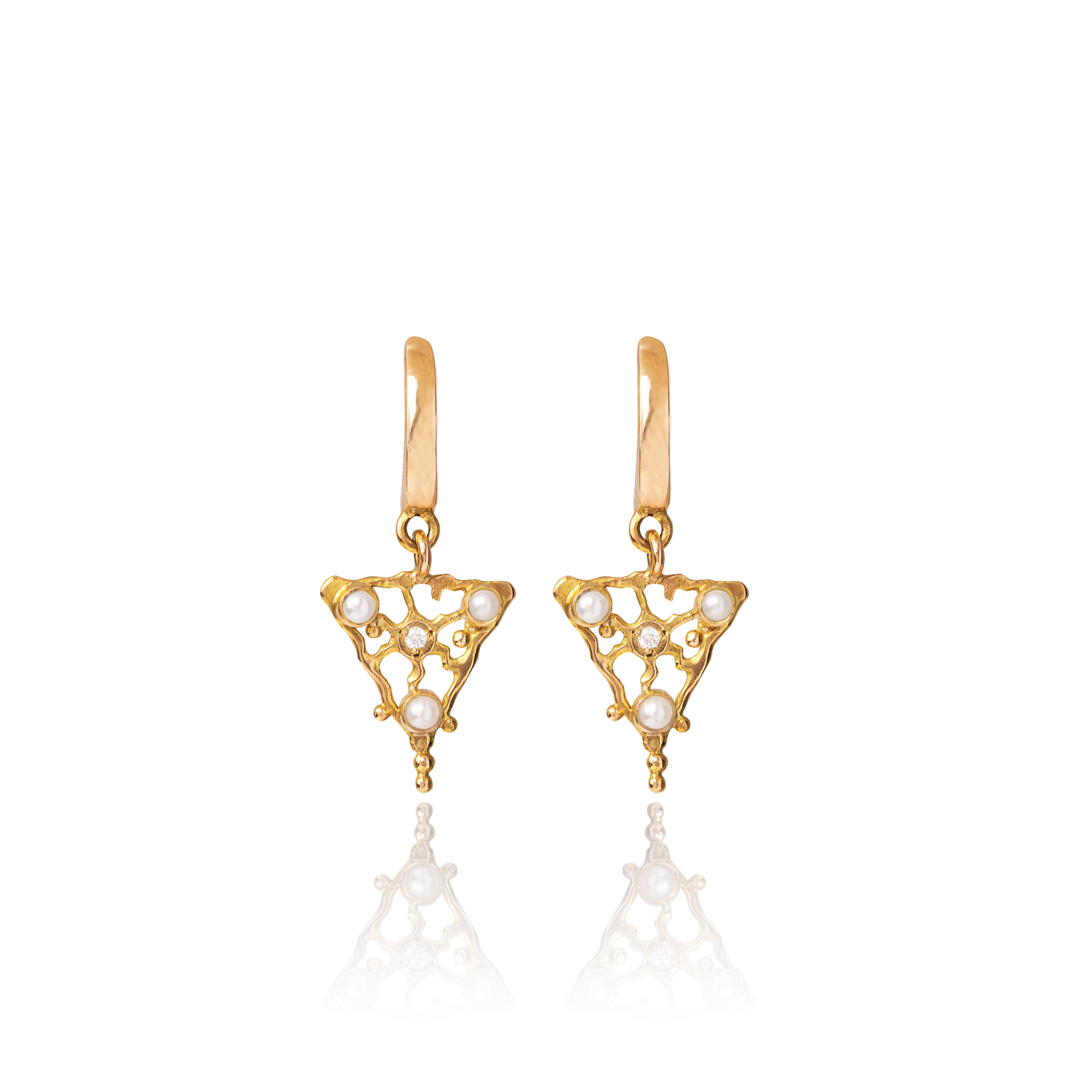 Pair of gold earrings with pearl accents on a white background