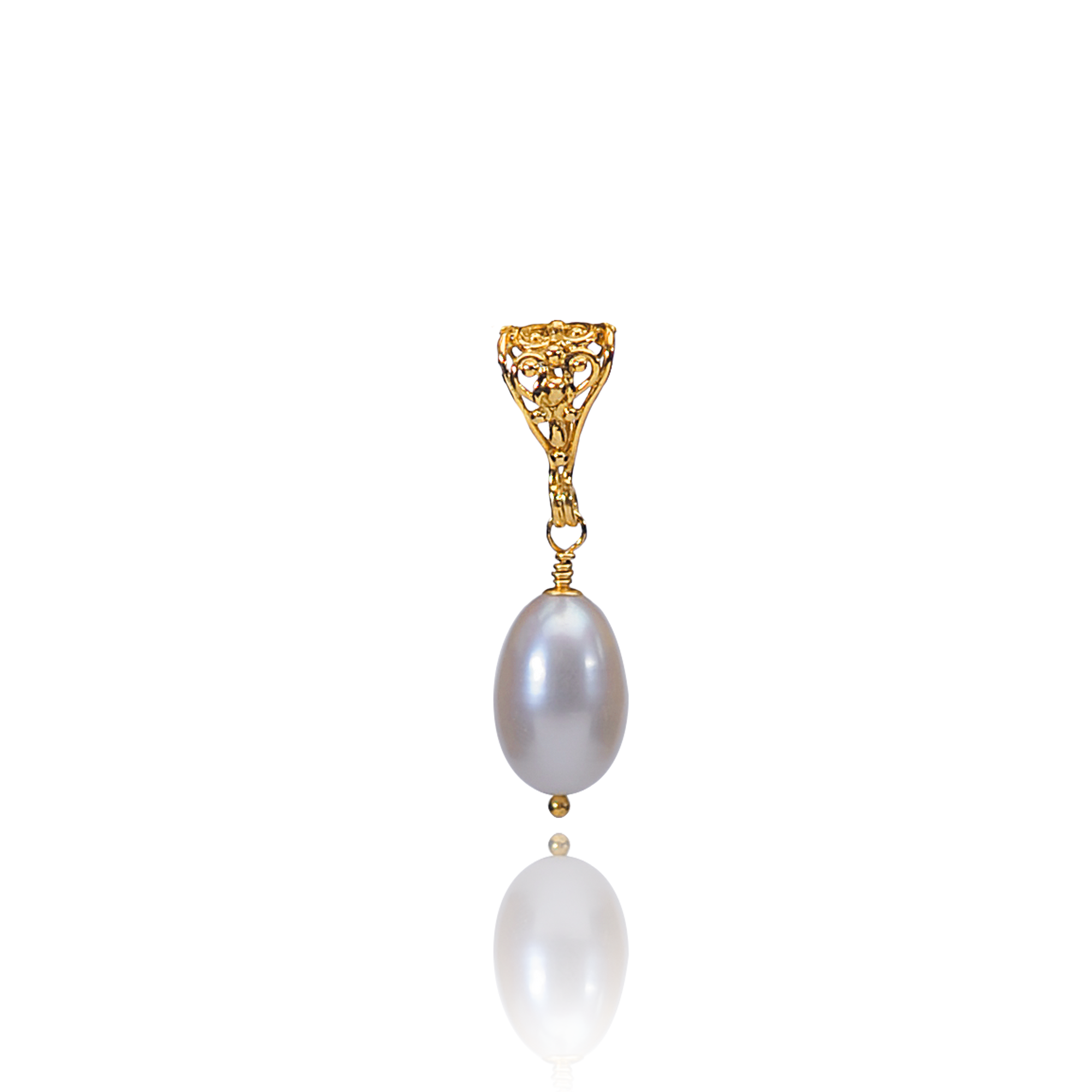 Gold earring with two pearls on a white background