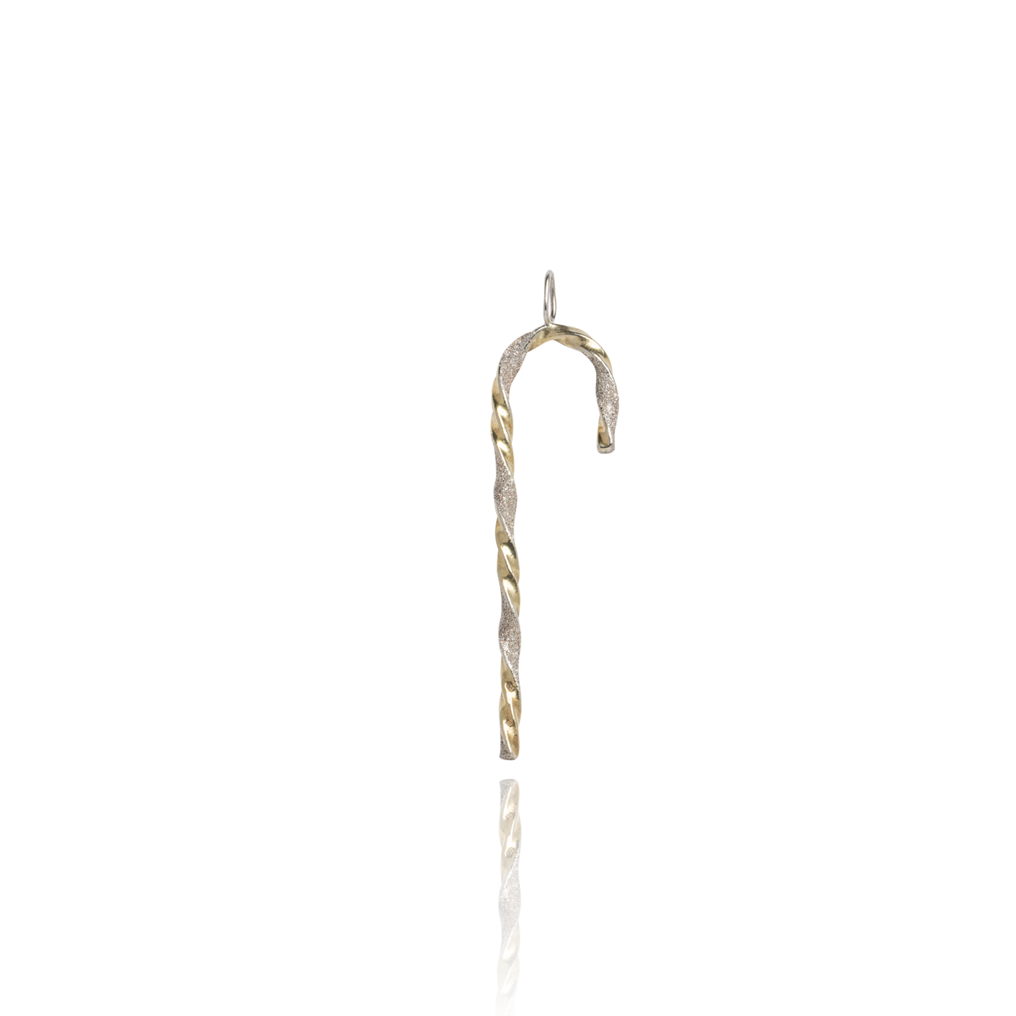 Sterling silver candy cane Christmas ornament with twisted gold-plated detailing and festive sculptural design.