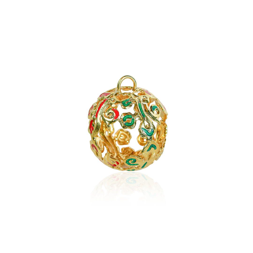 Gold-plated Christmas jingle bell ornament featuring colorful enamel scrollwork and intricate openwork decorative detailing.