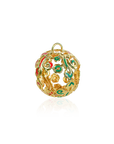 Gold-plated Christmas jingle bell ornament featuring colorful enamel scrollwork and intricate openwork decorative detailing.