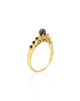 Gold ring with a purple gemstone on a white background