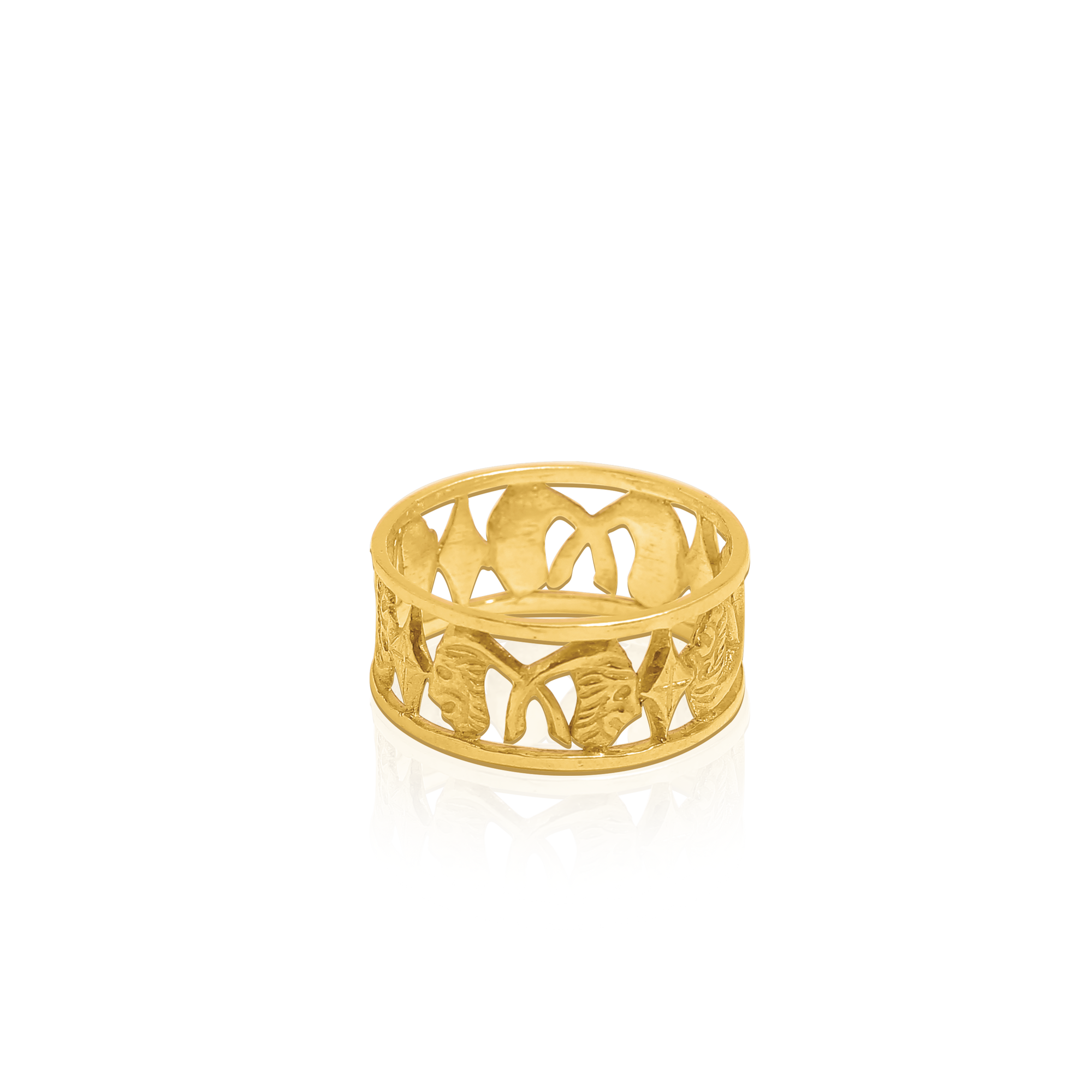 Gold ring with leaf design on a white background