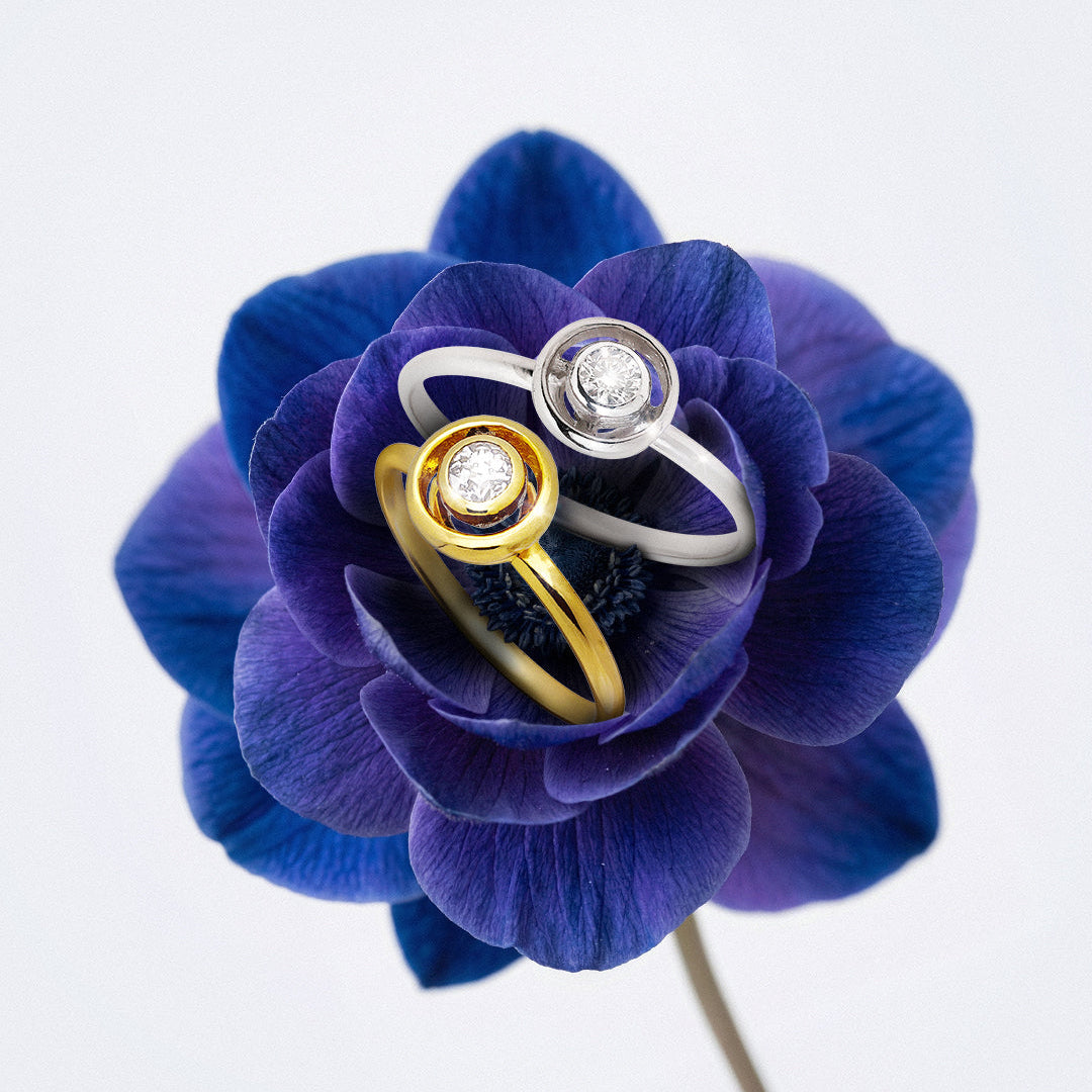 Two diamond rings displayed on a blue flower against a white background