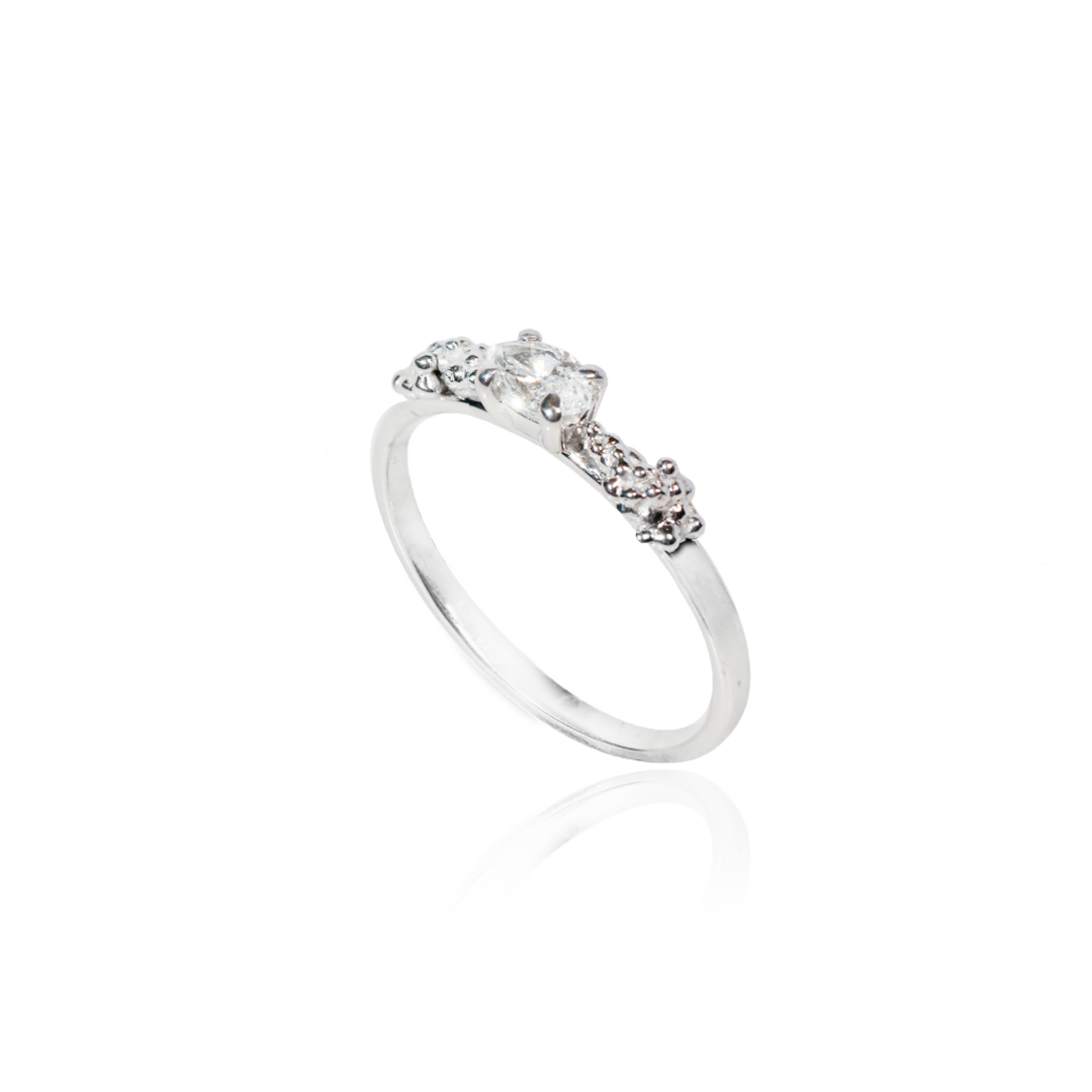 White gold diamond ring featuring a central brilliant-cut diamond accented with smaller diamonds in a delicate floral-inspired setting.