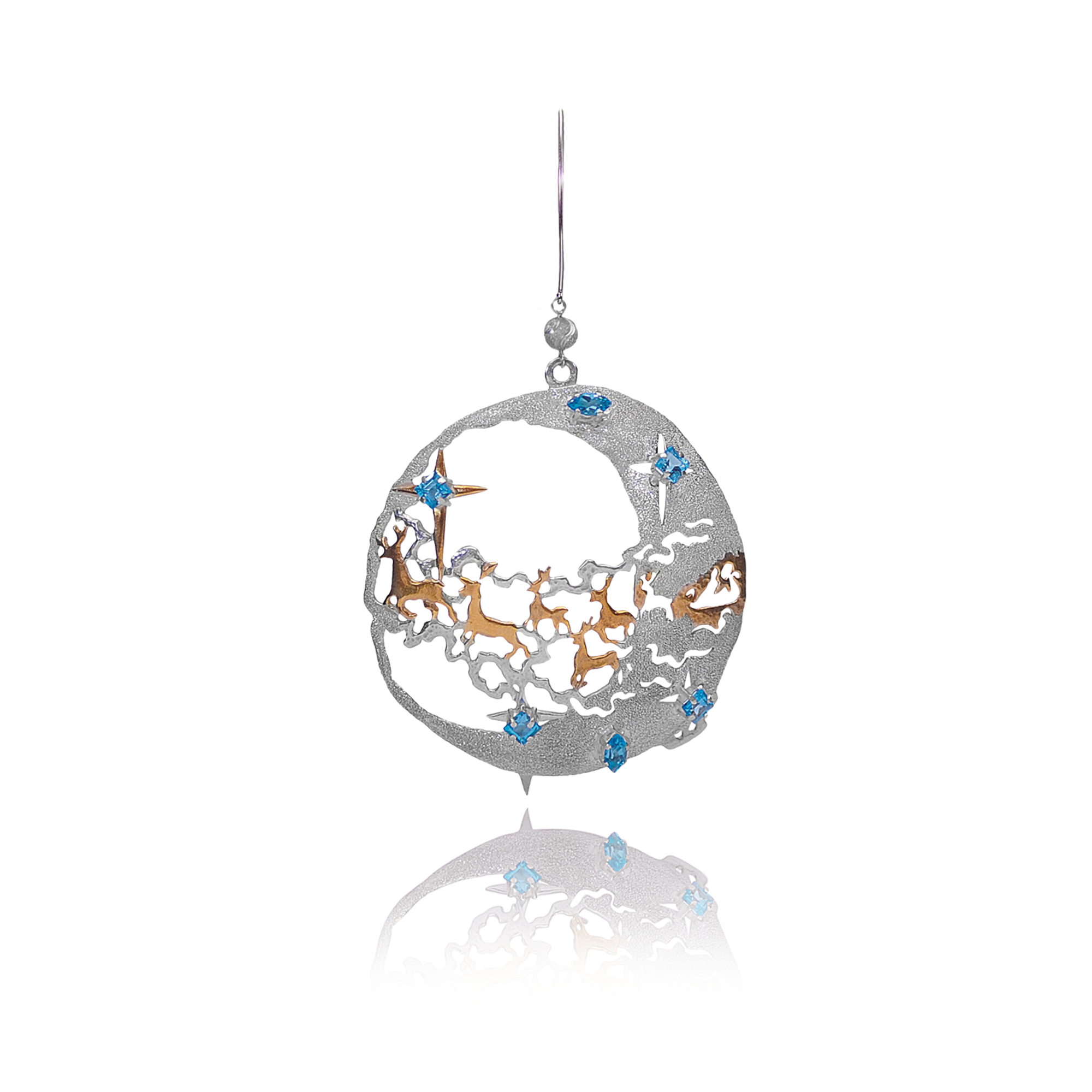 Sterling silver Christmas ornament featuring Santa’s sleigh with reindeer, celestial motifs, and blue decorative accents in an intricate openwork design.