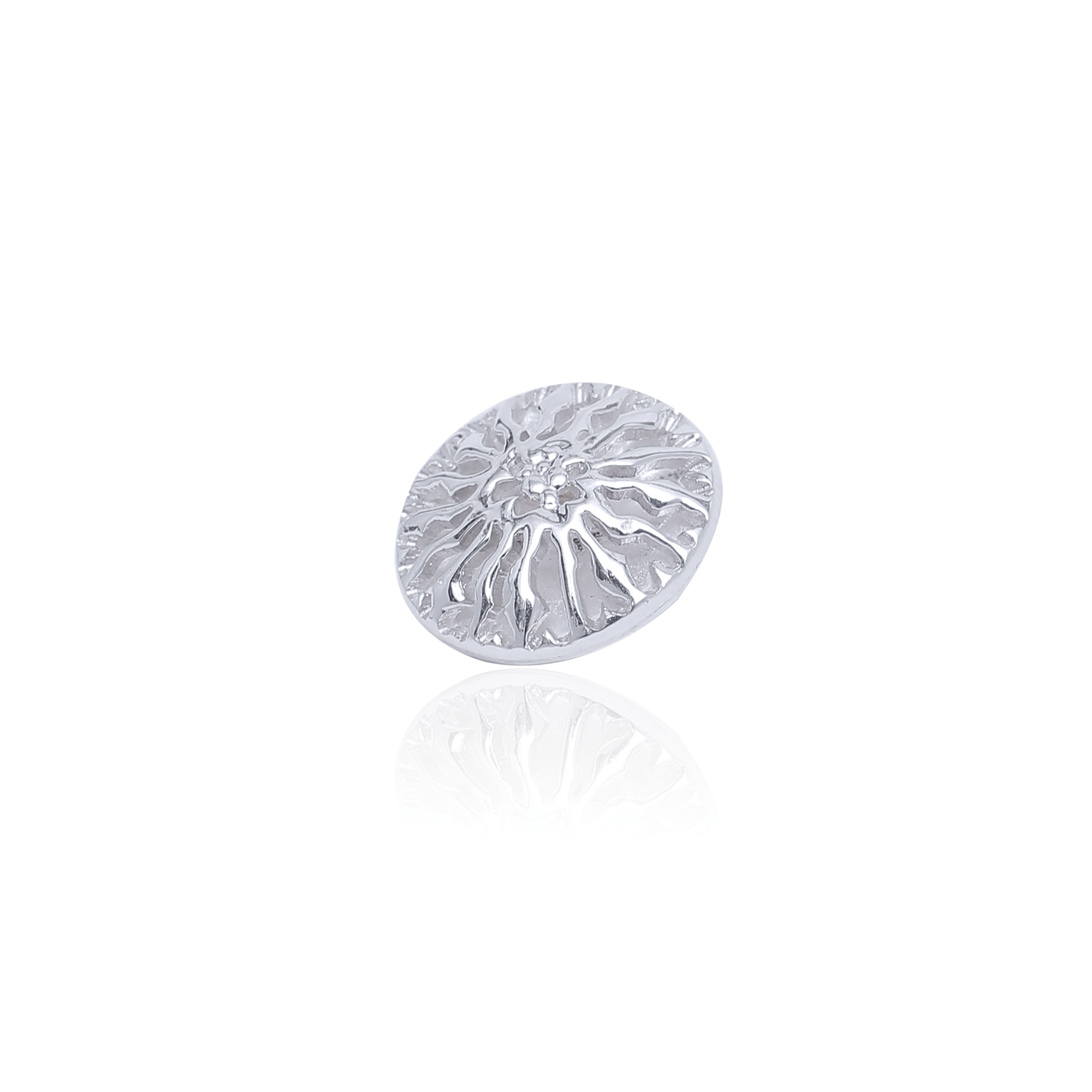 Oval sterling silver button featuring sculptural floral-inspired detailing with textured radial openwork design.