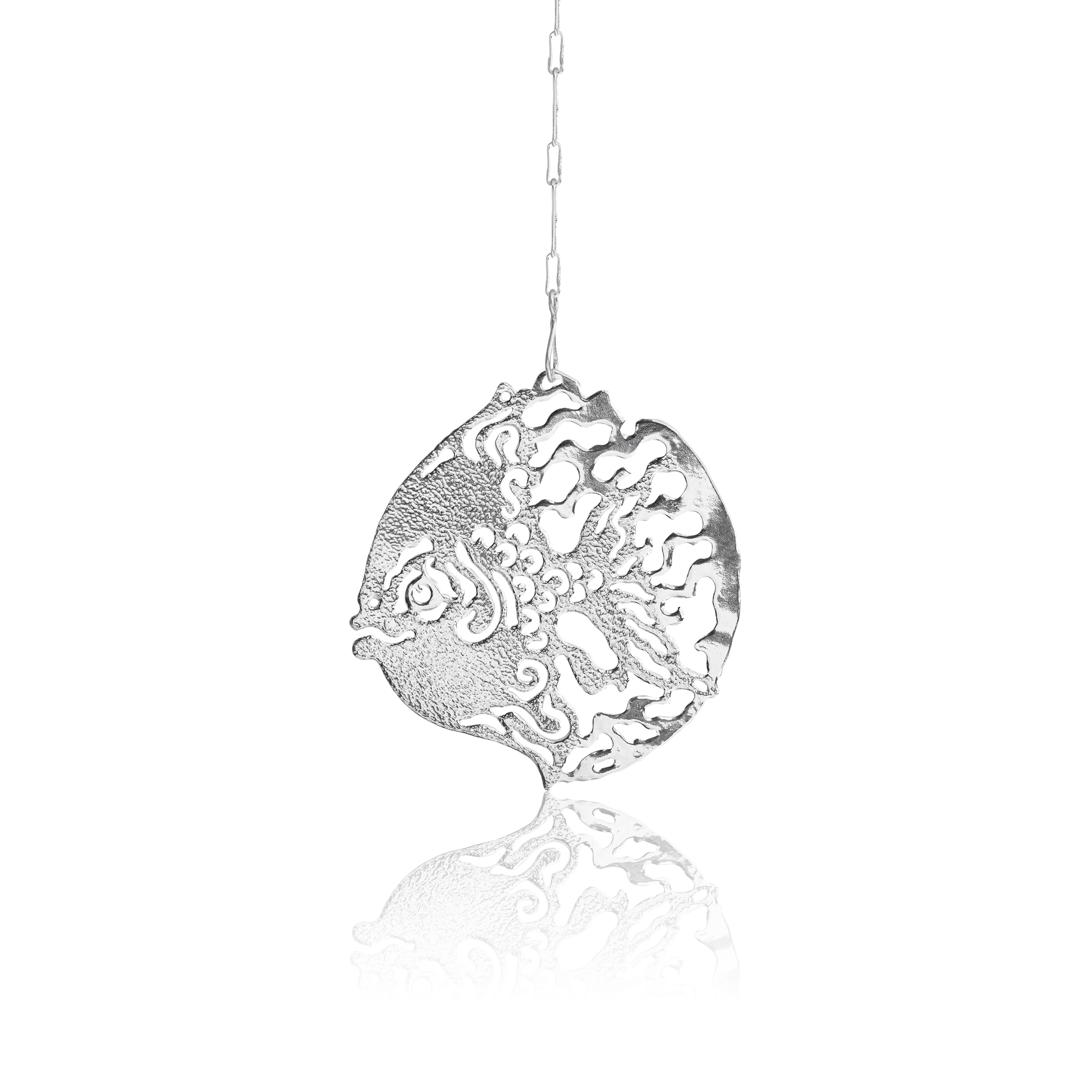 Sterling silver water purifier ornament shaped as an ornamental tropical fish with intricate openwork detailing and sculptural marine-inspired design.
