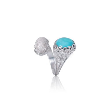 Sterling silver statement ring with turquoise cabochon, textured silver sphere, and engraved ornamental detailing in an asymmetrical design.